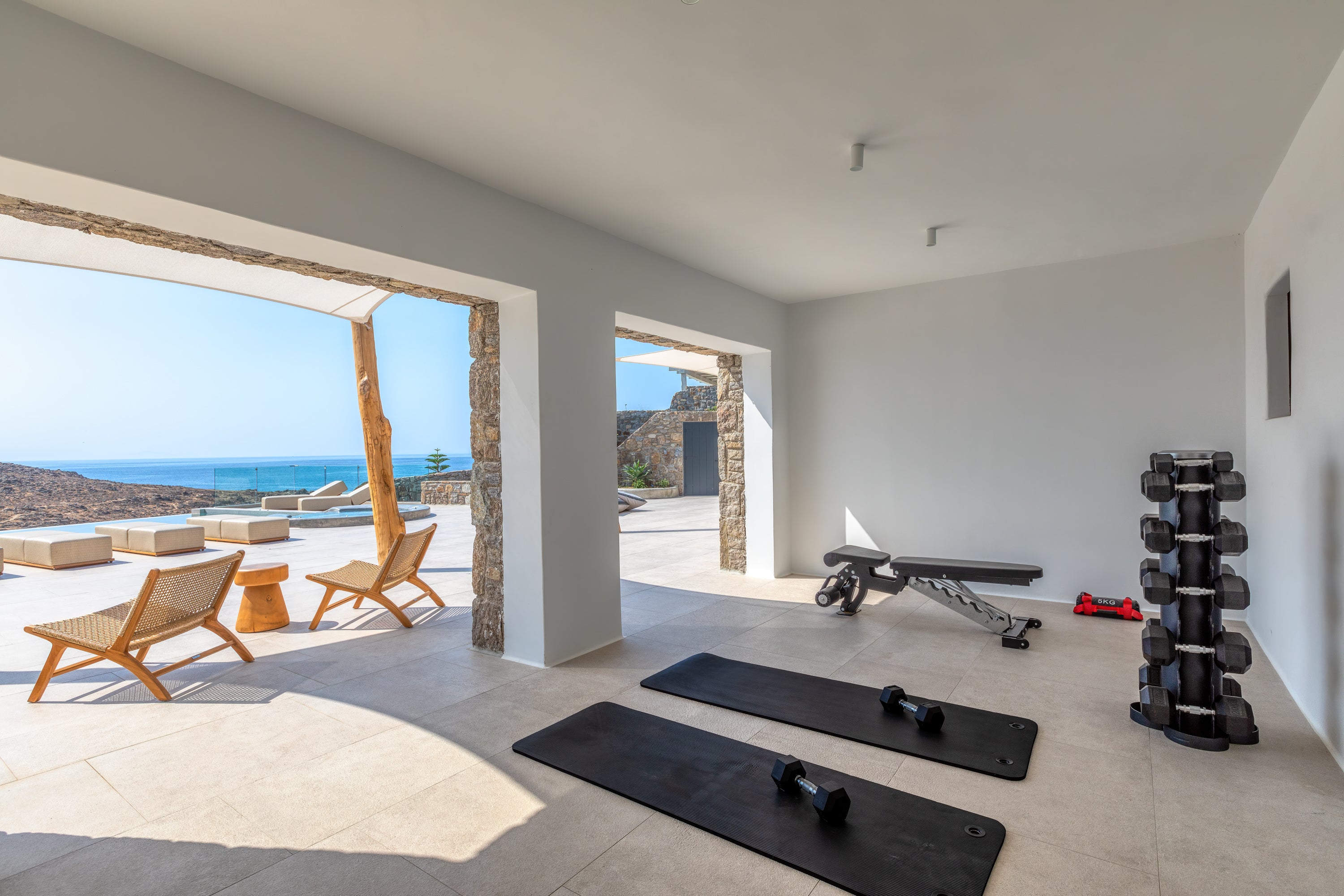 Home gym with exercise mats, weights, and outdoor view
