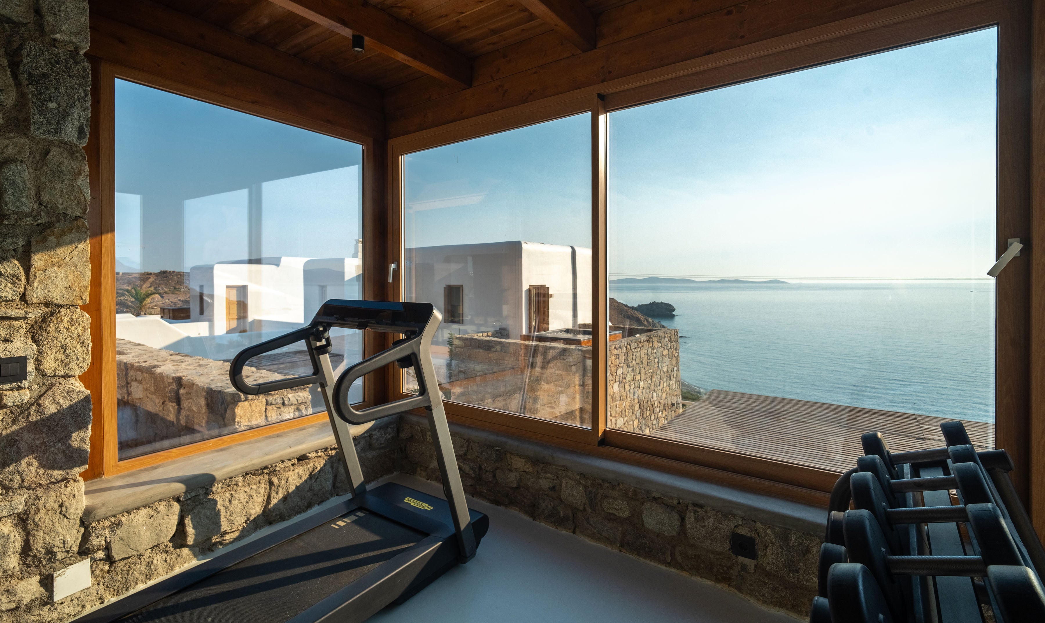 Gym equipment by a large window with a scenic view of water and buildings.