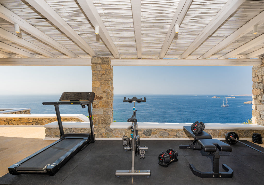 Gym equipment on a patio with ocean view