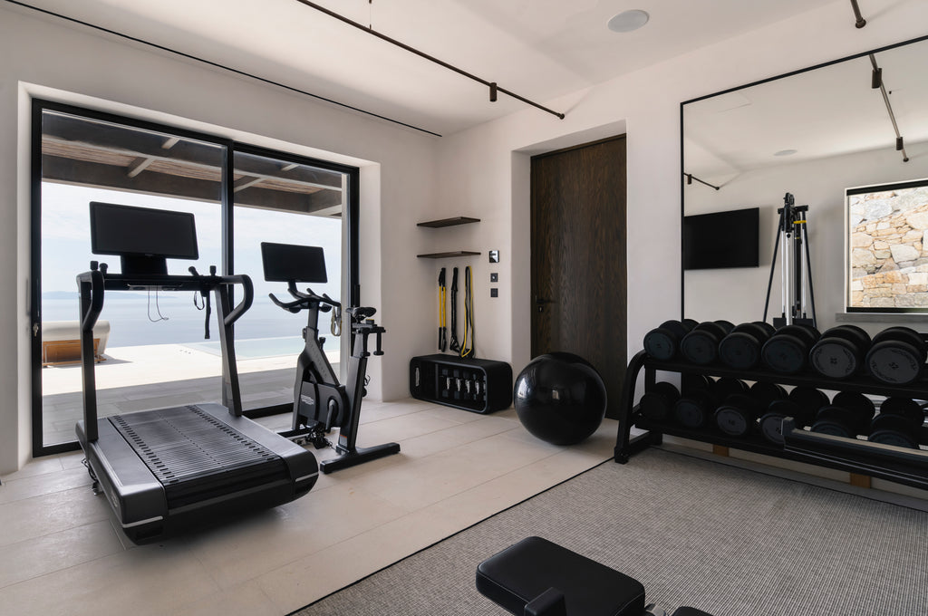 Modern gym with treadmill, stationary bike, and weight equipment.