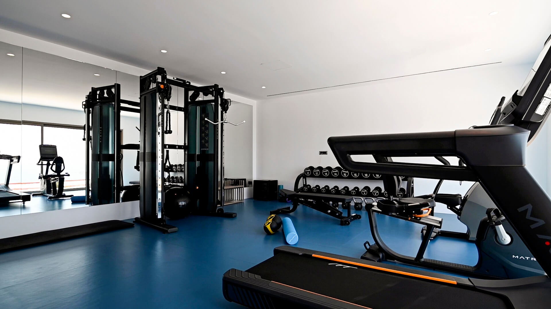 Modern gym interior with treadmills, weight machines, and dumbbells.